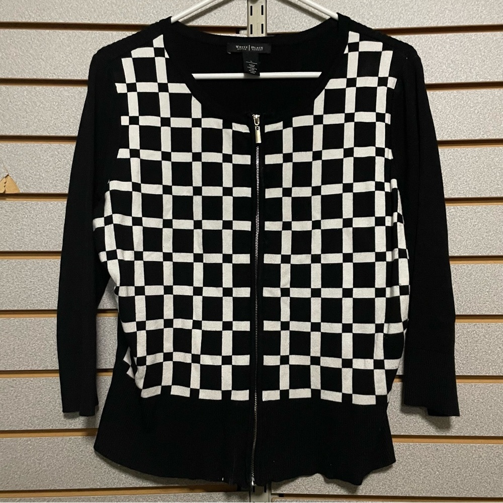 White House Black Market Checked Zip‎ Up Sweater Large NWOTS